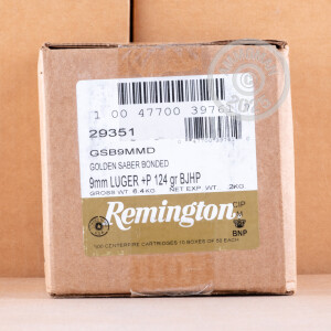 Photo detailing the 9MM +P REMINGTON GOLDEN SABER BONDED 124 GRAIN JHP (500 ROUNDS) for sale at AmmoMan.com.