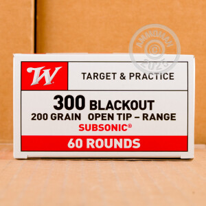 A photo of a box of Winchester ammo in 300 AAC Blackout that's often used for Subsonic, training at the range.