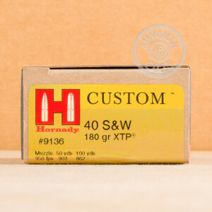 Photo detailing the .40 S&W HORNADY CUSTOM XTP 180 GRAIN JHP (20 ROUNDS) for sale at AmmoMan.com.