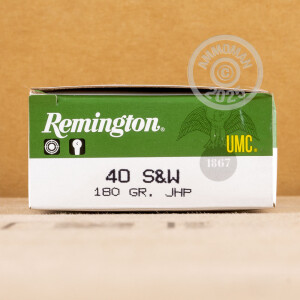 Photograph showing detail of .40 S&W REMINGTON UMC 180 GRAIN JHP (50 ROUNDS)