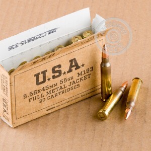 A photograph of 500 rounds of 55 grain 5.56x45mm ammo with a FMJ bullet for sale.