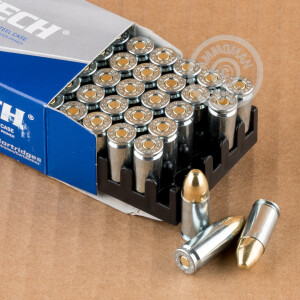 A photograph of 1000 rounds of 115 grain 9mm Luger ammo with a FMJ bullet for sale.