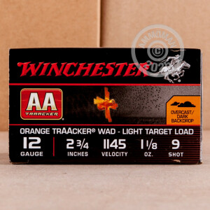 Photograph showing detail of 12 GAUGE WINCHESTER AA ORANGE TRAACKER LIGHT TARGET LOAD 2 3/4“ 1 1/8 OZ. #9 SHOT (25 ROUNDS)