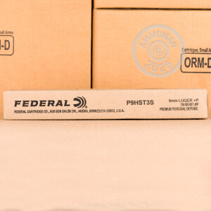 Photograph showing detail of 9MM +P FEDERAL PERSONAL DEFENSE HST 124 GRAIN JHP (200 ROUNDS)