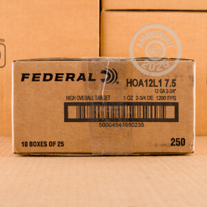 Image of the 12 GAUGE FEDERAL HIGH OVER ALL 2-3/4" 1 OZ. #7.5 SHOT (25 ROUNDS) available at AmmoMan.com.