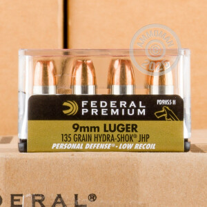 A photograph detailing the 9mm Luger ammo with #1 shot bullets made by Federal.