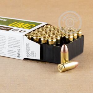 A photograph of 50 rounds of 115 grain 9mm Luger ammo with a FMJ bullet for sale.