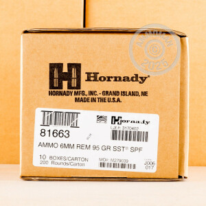 Photo detailing the 6MM REMINGTON HORNADY SUPERFORMANCE 95 GRAIN SST (20 ROUNDS) for sale at AmmoMan.com.