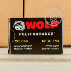 Photo detailing the 223 REMINGTON WOLF WPA POLYFORMANCE 62 GRAIN FMJ (20 ROUNDS) for sale at AmmoMan.com.