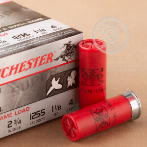 Photo detailing the 12 GAUGE WINCHESTER SUPER-X 2 3/4" 1-1/8 OZ. #4 SHOT (250 ROUNDS) for sale at AmmoMan.com.