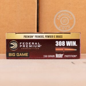 Photo detailing the 308 WIN FEDERAL VITAL-SHOK 150 GRAIN NOSLER PARTITION (20 ROUNDS) for sale at AmmoMan.com.