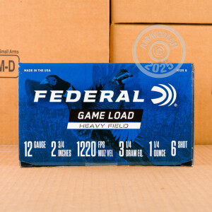 Photo detailing the 12 GAUGE FEDERAL GAME SHOK 2 3/4" 1 1/4 OZ #6 LEAD SHOT GAME LOAD (25 ROUNDS) for sale at AmmoMan.com.