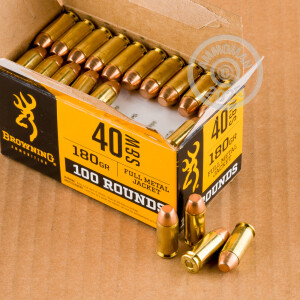 A photograph of 100 rounds of 180 grain .40 Smith & Wesson ammo with a FMJ bullet for sale.