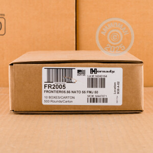 Photo detailing the 5.56X45 HORNADY FRONTIER 55 GRAIN FMJ M193 (500 ROUNDS) for sale at AmmoMan.com.
