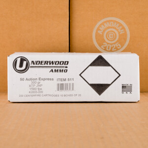 A photo of a box of Underwood ammo in 50 Action Express.