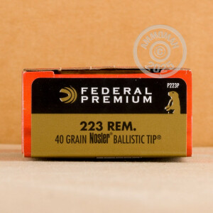 Photo detailing the 223 REM FEDERAL PREMIUM V-SHOK 40 GRAIN NOSLER BALLISTIC TIP (20 ROUNDS) for sale at AmmoMan.com.