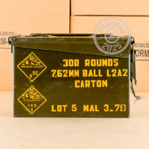 Image of the 7.62x51MM MALAYSIAN MILITARY SURPLUS IN STEEL AMMO CAN 146 GRAIN FMJ (300 ROUNDS) available at AmmoMan.com.