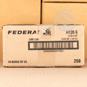 Photo detailing the 12 GAUGE FEDERAL GAME LOAD UPLAND HI-BRASS 2-3/4" 1-1/4 OZ. #6 SHOT (250 ROUNDS) for sale at AmmoMan.com.