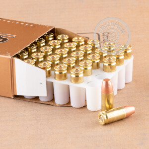 A photo of a box of Blazer Brass ammo in 9mm Luger.