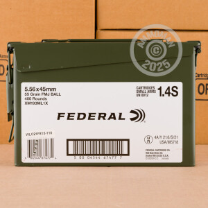 Photograph showing detail of 5.56X45 FEDERAL AMERICAN EAGLE 55 GRAIN FMJ (400 ROUNDS IN AMMO CAN)