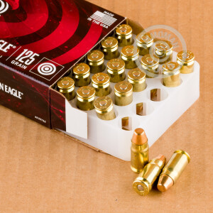 A photograph detailing the 357 SIG ammo with Full Metal Jacket (FMJ) bullets made by Federal.