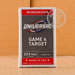 A photograph detailing the 223 Remington ammo with Open Tip bullets made by Winchester.