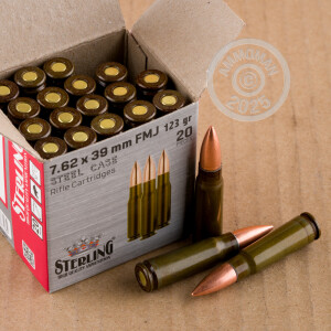 A photograph of 20 rounds of 123 grain 7.62 x 39 ammo with a Full Metal Jacket (FMJ) bullet for sale.