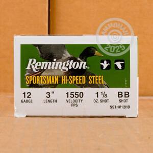 Photo detailing the 12 GAUGE REMINGTON SPORTSMAN HI-SPEED STEEL 3" 1-1/8 OZ. BB STEEL SHOT (25 ROUNDS) for sale at AmmoMan.com.