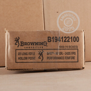 Photograph showing detail of 22 LR BROWNING PERFORMANCE RIMFIRE 40 GRAIN CPHP (1000 ROUNDS)