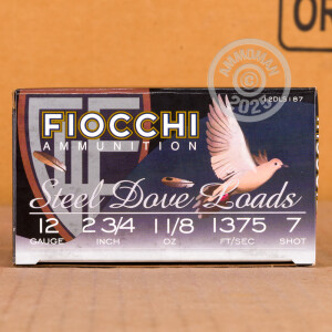 Photo detailing the 12 GAUGE FIOCCHI STEEL DOVE 2-3/4" 1-1/8 OZ. #7 STEEL SHOT (250 ROUNDS) for sale at AmmoMan.com.