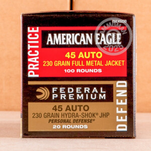 Photograph showing detail of 45 ACP FEDERAL AMERICAN EAGLE 230 GRAIN JHP & FMJ COMBO PACK (120 ROUNDS)