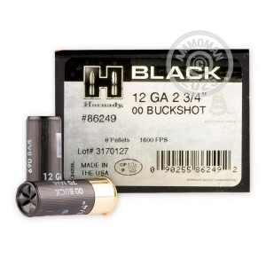 Image of the 12 GAUGE HORNADY BLACK 2-3/4" 8 PELLET 00 BUCKSHOT (100 ROUNDS) available at AmmoMan.com.