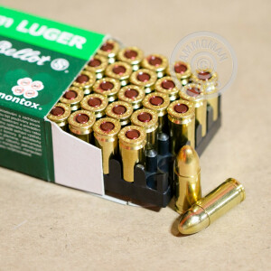 A photograph detailing the 9mm Luger ammo with TMJ bullets made by Sellier & Bellot.