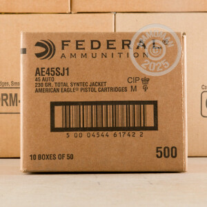 Photo detailing the 45 ACP FEDERAL SYNTECH 230 GRAIN TOTAL SYNTHETIC JACKET (500 ROUNDS) for sale at AmmoMan.com.