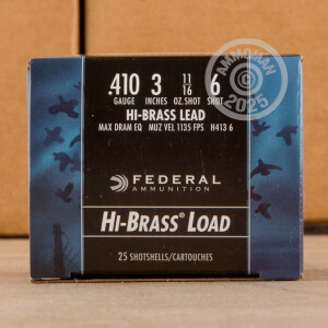 Photo detailing the 410 BORE FEDERAL GAME LOAD UPLAND HI-BRASS 3" 11/16 OZ. #6 SHOT (250 ROUNDS) for sale at AmmoMan.com.