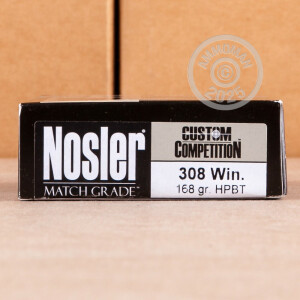 Photo detailing the .308 WINCHESTER NOSLER MATCH GRADE 168 GRAIN HPBT (20 ROUNDS) for sale at AmmoMan.com.