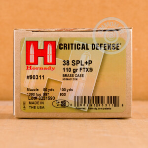 Photograph showing detail of 38 SPECIAL +P HORNADY CRITICAL DEFENSE 110 GRAIN JHP (250 ROUNDS)