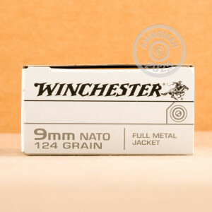A photograph of 50 rounds of 124 grain 9mm Luger ammo with a FMJ bullet for sale.
