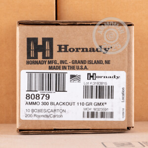 Photo detailing the 300 AAC BLACKOUT HORNADY CUSTOM 110 GRAIN GMX (20 ROUNDS) for sale at AmmoMan.com.