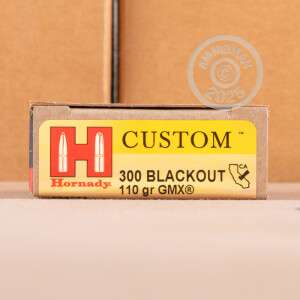 Photo detailing the 300 AAC BLACKOUT HORNADY CUSTOM 110 GRAIN GMX (20 ROUNDS) for sale at AmmoMan.com.