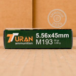 A photo of a box of Turan ammo in 5.56x45mm that's often used for training at the range.