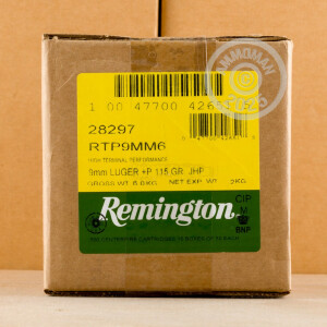 Photograph showing detail of 9MM LUGER +P REMINGTON HTP 115 GRAIN JHP (500 ROUNDS)
