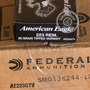 Photo detailing the 223 REM. FEDERAL AMERICAN EAGLE 50 GRAIN POLYMER TIPPED VARMINT (500 ROUNDS) for sale at AmmoMan.com.