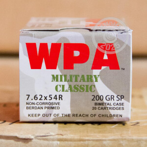 Photograph showing detail of 7.62X54R WOLF WPA 200 GRAIN SP (20 ROUNDS)