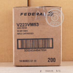 A photograph of 200 rounds of 53 grain 223 Remington ammo with a V-MAX bullet for sale.