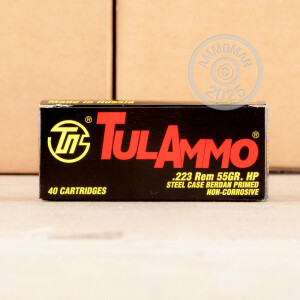 Image of 223 Remington ammo by Tula Cartridge Works that's ideal for hunting varmint sized game, training at the range.