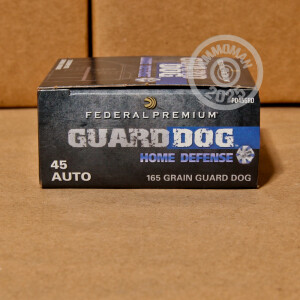 Photograph showing detail of 45 ACP FEDERAL PREMIUM GUARD DOG 165 GRAIN EXPANDING FMJ (20 ROUNDS)