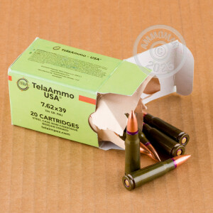 A photo of a box of Tela Ammo ammo in 7.62 x 39.