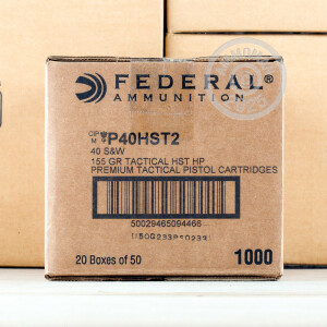 Photo detailing the 40 S&W FEDERAL PREMIUM LAW ENFORCEMENT 155 GRAIN HST HP (1000 ROUNDS) for sale at AmmoMan.com.