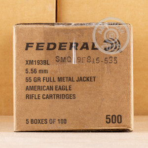 Photo detailing the 5.56x45 - 55 gr FMJBT XM193 - Federal - 100 Rounds for sale at AmmoMan.com.